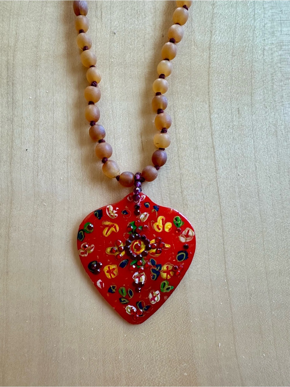 Chan Luu Red Floral Heart Pendant Necklace with Tan Beads